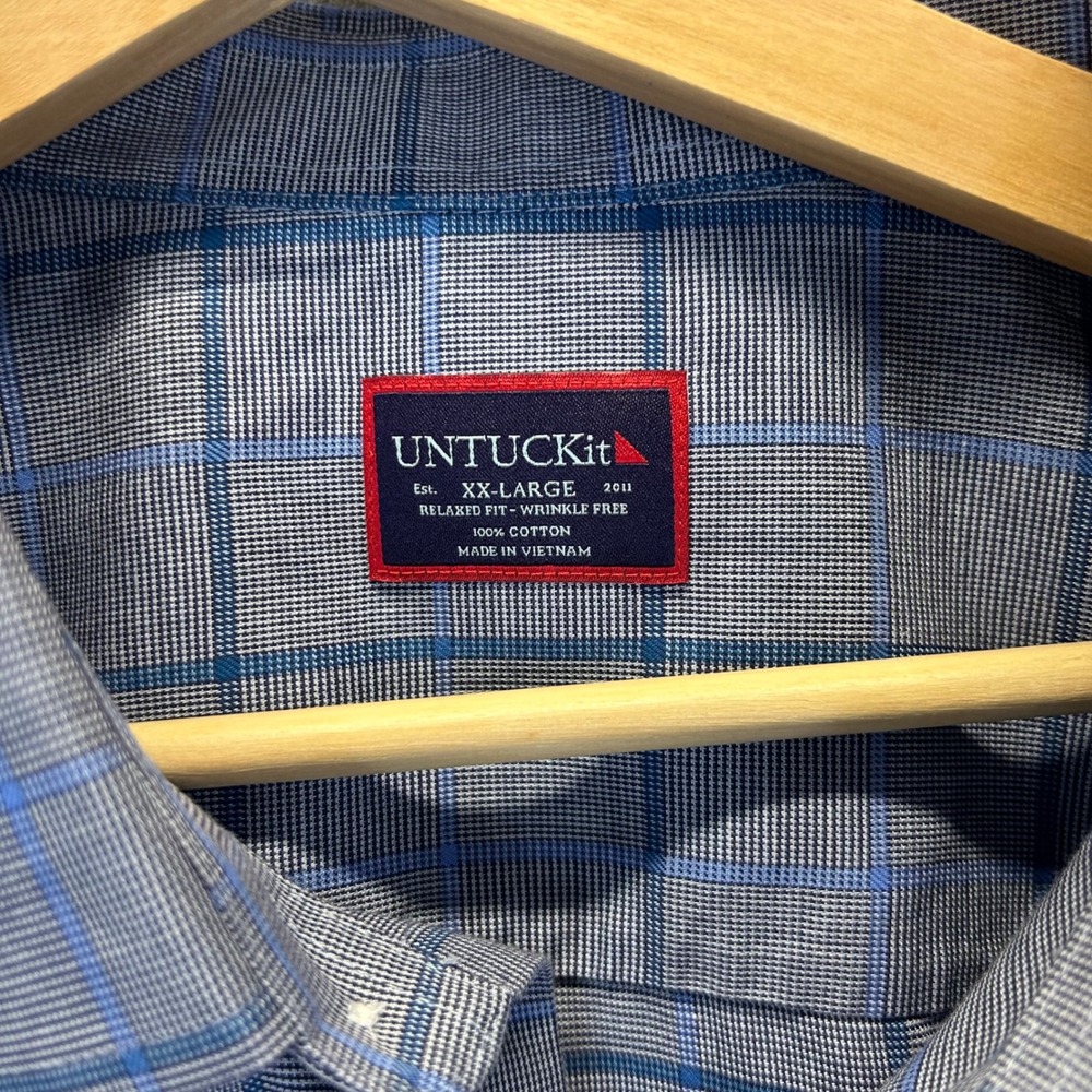 UNTUCKit Ortman WF Navy Blue Plaid Wrinkle Free Shirt XXL Relaxed Fit 40780 Mens - Picture 4 of 8